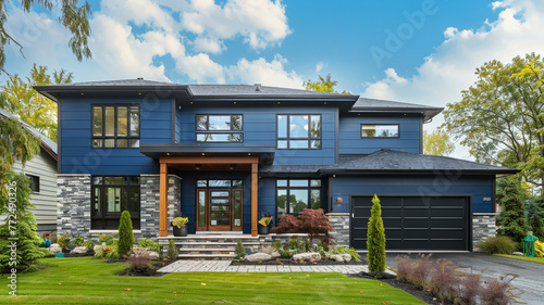 Newly constructed opulent home, modern in style, featuring elegant indigo siding and enhanced with natural stone wall trim, without a garage for an uncluttered facade. © Creative artist1