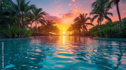 Sunset at Swimming Pool With Palm Trees © homeganko
