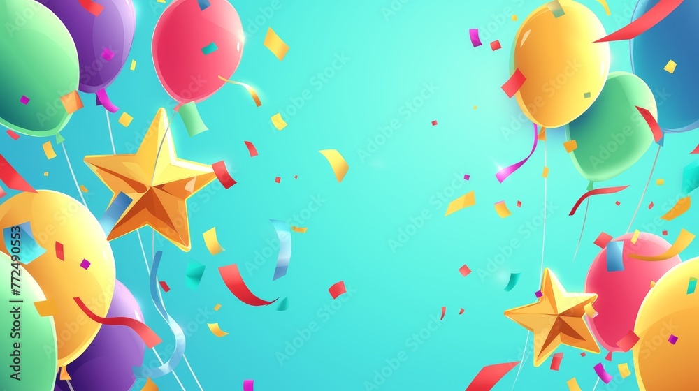 Happy Birthday greetings banner template with blank space for text, bright colors, minimalistic flat style with blue background