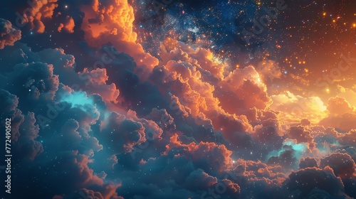 High resolution, high detail fantasy sky filled with fluffy, glowing clouds under stars