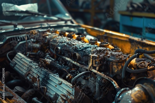 Detailed view of an engine in a vehicle. Ideal for automotive industry use