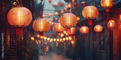 A row of lanterns hanging from a string. Perfect for adding a festive touch to any event
