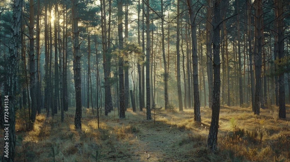 Fototapeta premium Sunlight filtering through dense forest, suitable for nature themes