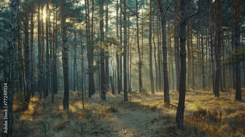 Sunlight filtering through dense forest  suitable for nature themes