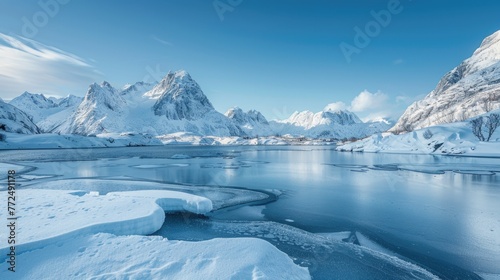 A serene body of water surrounded by snow-covered mountains. Ideal for nature and travel concepts