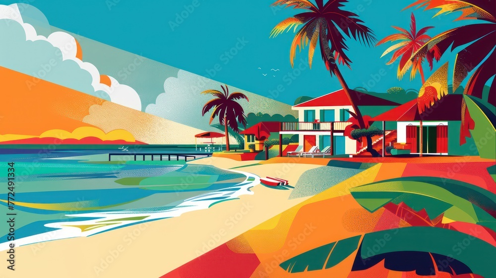 A vibrant mid-century modern beach scene is illustrated in this vector art, capturing the essence of retro coastal charm.
