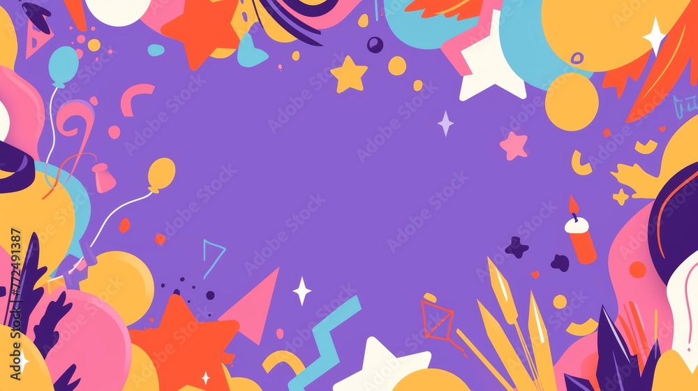 Happy Birthday greetings banner template with blank space for text, bright colors, minimalistic flat style with purple background