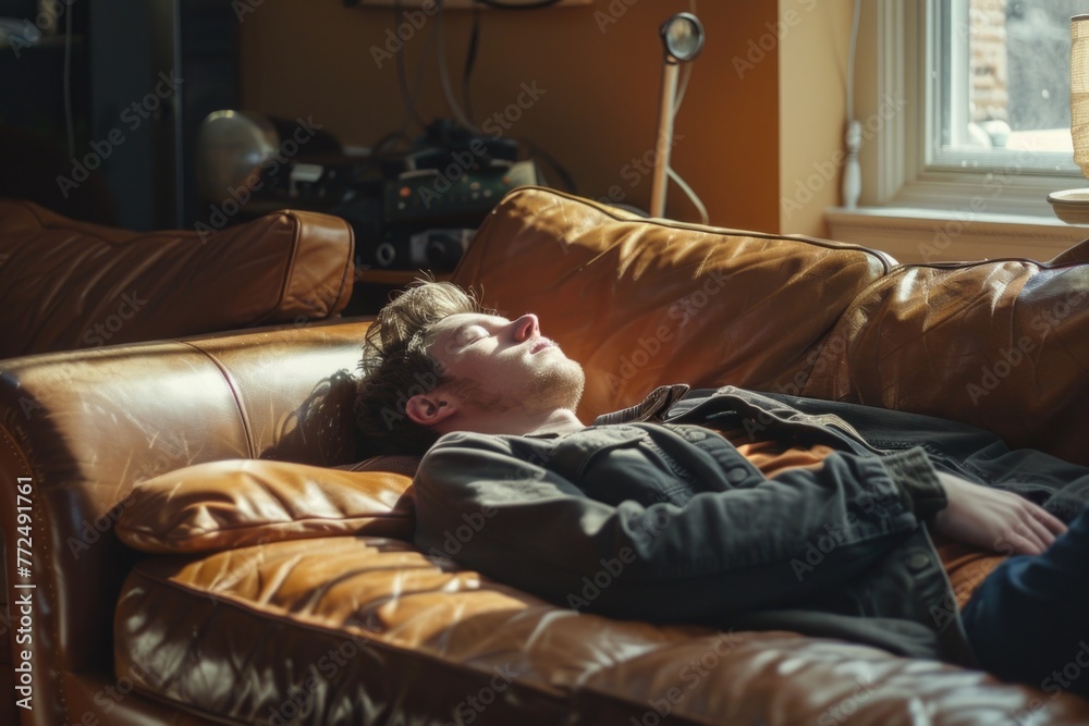 A man relaxing on a comfortable couch. Suitable for furniture ads