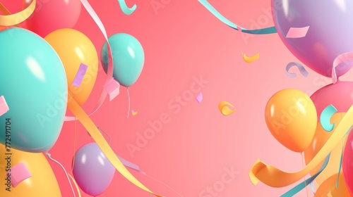 Happy Birthday greetings banner template with blank space for text, bright colors, minimalistic 3d style with pink background