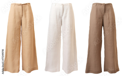 Three unique pants of varying styles laid out on a pristine white background