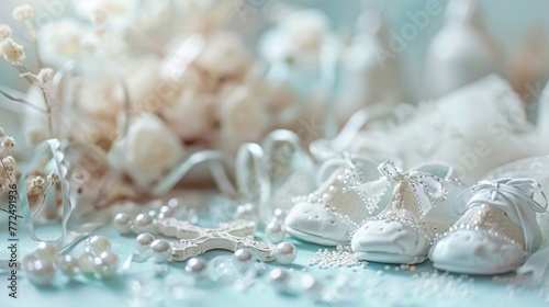 Close up of adorable baby shoes with delicate pearls  perfect for baby shower or newborn announcements