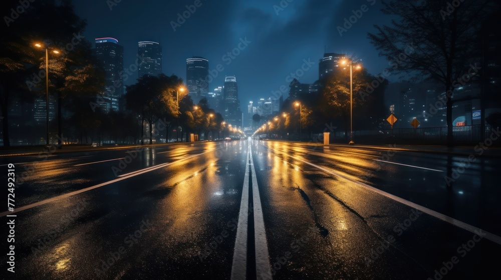 asphalt road leading into the city at night. Selective focus
