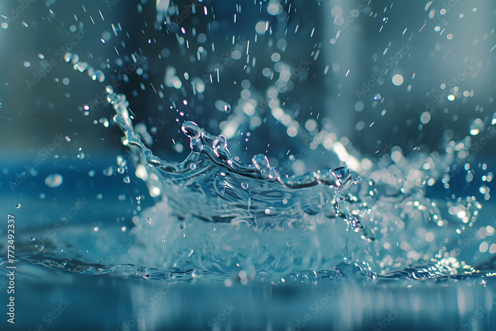 a drop of water splashing into a pool, freezing the moment of impact and capturing the dynamic energy of water