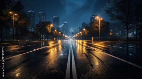 asphalt road leading into the city at night. Selective focus © Zie