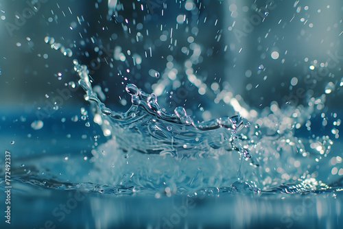 a drop of water splashing into a pool, freezing the moment of impact and capturing the dynamic energy of water