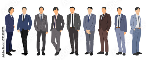 Set of men in business suits, cartoon character, different colors, group of business men silhouettes isolated on white background