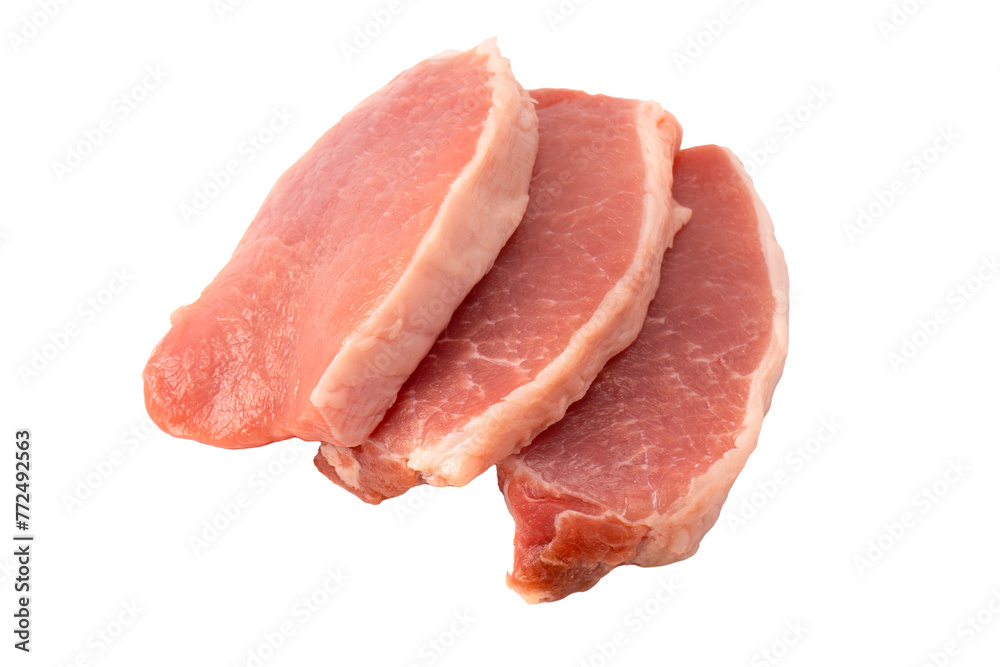 Raw pork pieces isolated on a white background.