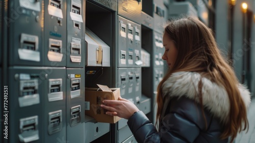 Woman putting a box into a mailbox, suitable for postal service concepts