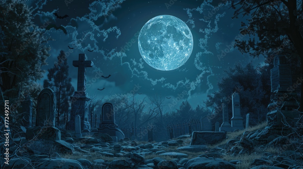 Obraz premium Eerie cemetery scene with full moon in background. Ideal for Halloween themes