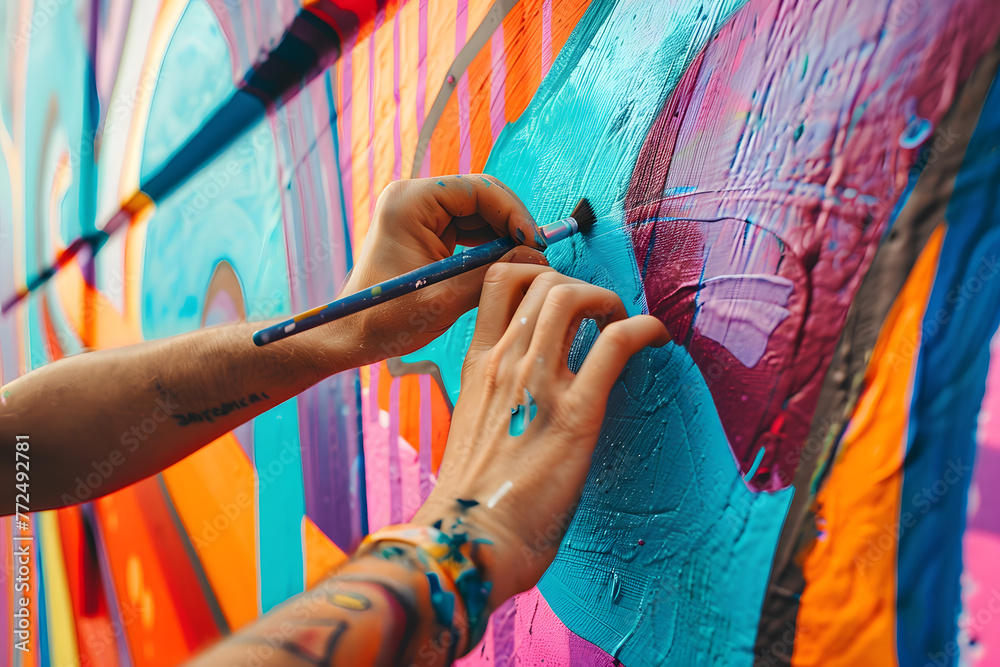 Fototapeta premium a street artist's hands creating a vibrant mural on a city wall