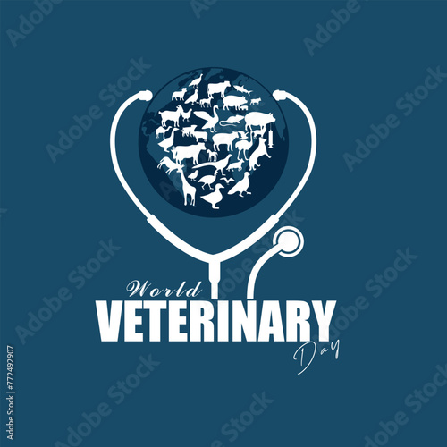 World Veterinary Day. Pet silhouette and stethoscope on earth globe background. World Veterinary Day Banner, Poster, Social Media Post, Web Design Background Template Vector Stock