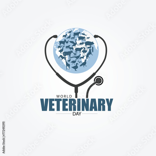 World Veterinary Day. Pet silhouette and stethoscope on earth globe background. World Veterinary Day Banner, Poster, Social Media Post, Web Design Background Template Vector Stock