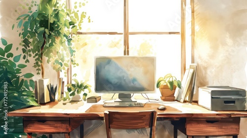 A watercolor illustration of a tidy desk with a monitor.

