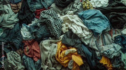 A pile of clothes on a wooden floor, suitable for various concepts