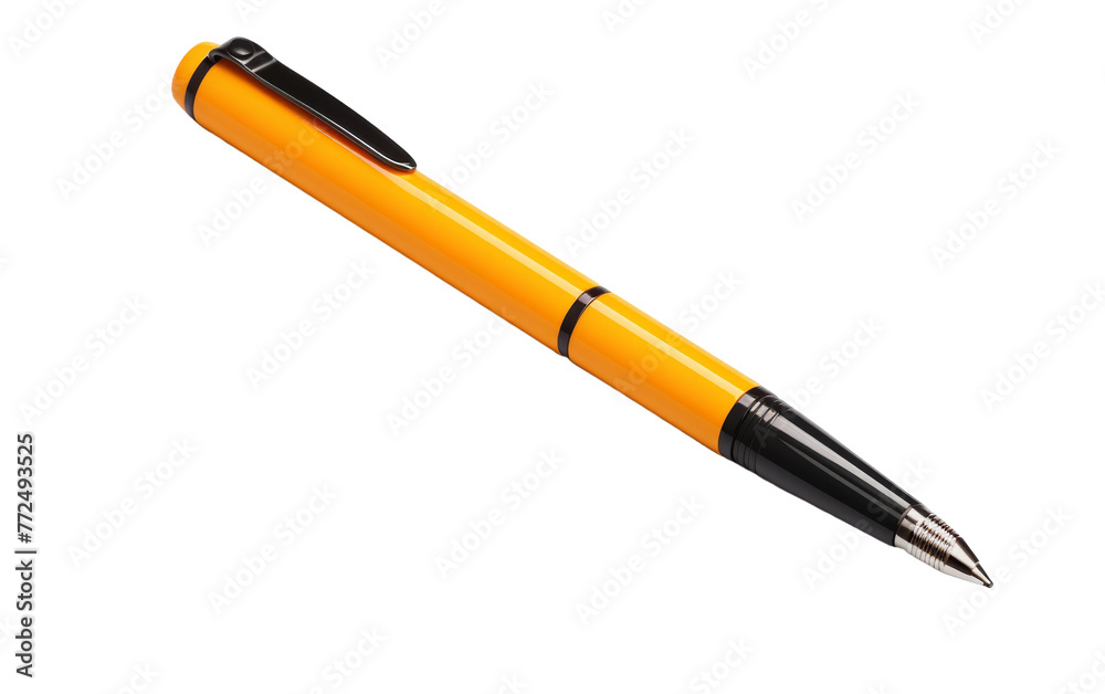 A single black and yellow pen rests on a white background A single black and yellow pen rests on a white background