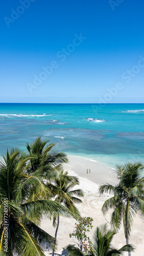 Photograph of a couple on the beach among the palm trees. Beach in the Caribbean with turquoise waters, white sand and palm trees. Paradise. Honeymoon. Journey. Aerial photography with drone