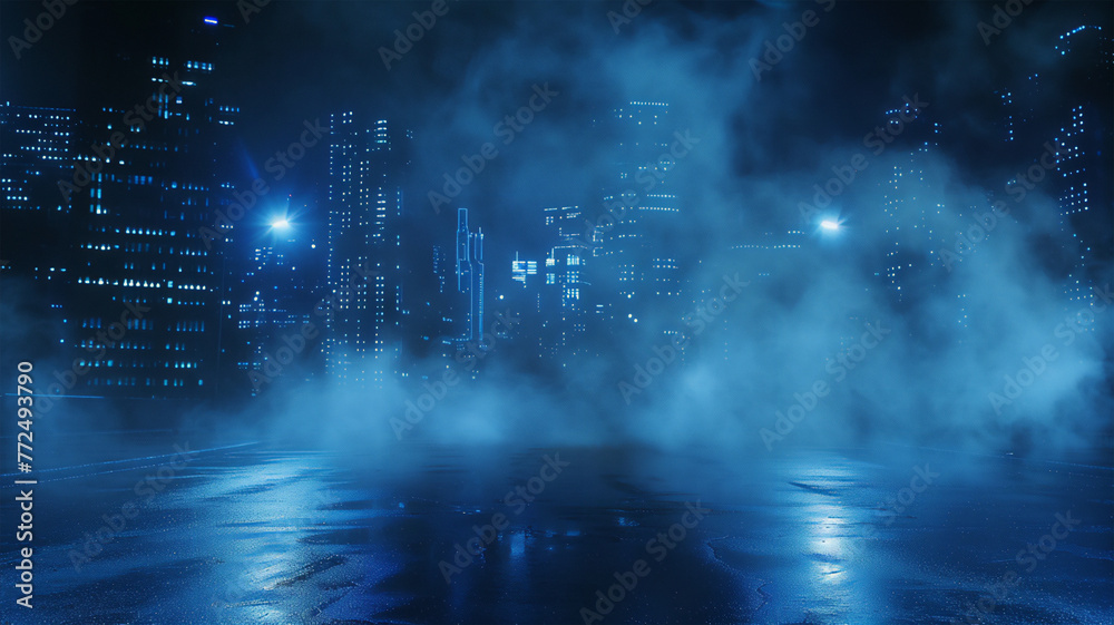 Neon illumination of the night street, dark blue background, empty stage with spotlights reflecting on the pavement, with floating smoke, atmosphere of night city life.