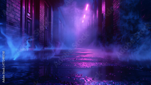 violet Neon illumination of the night narrow street  the light is reflected from the asphalt  floating smoke  the atmosphere of night city life.
