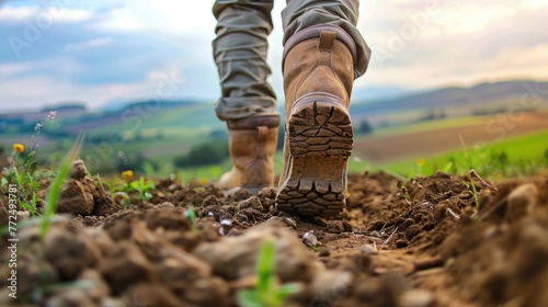 A close up of a person walking in a field. Suitable for outdoor and nature concepts