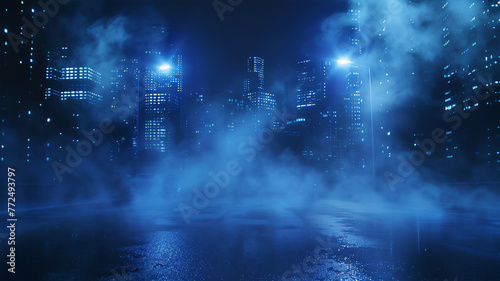 Neon illumination of the night street  dark blue background  empty stage with spotlights reflecting on the pavement  with floating smoke  atmosphere of night city life.