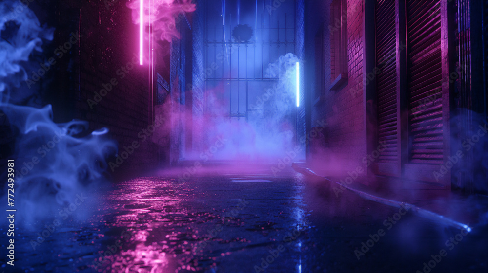 violet Neon illumination of the night narrow street, the light is reflected from the asphalt, floating smoke, the atmosphere of night city life.