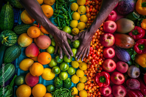  person's hands arranging colorful fruits and vegetables into a vibrant display