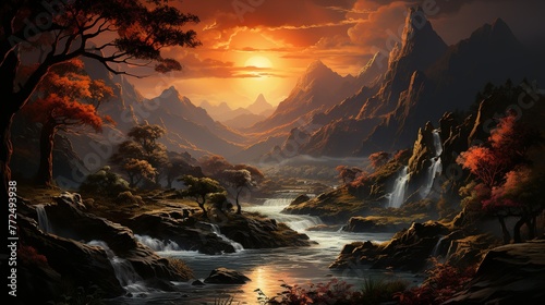 Yellow sun morning   there is a waterfall in the middle of the mountain Generate AI