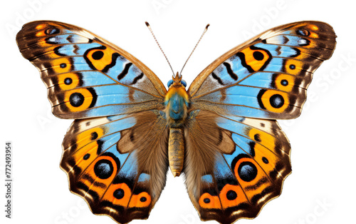 A vibrant blue and yellow butterfly gracefully rests on a serene white background