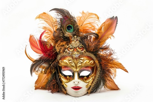 Close up of a mask with feathers. Ideal for costume parties