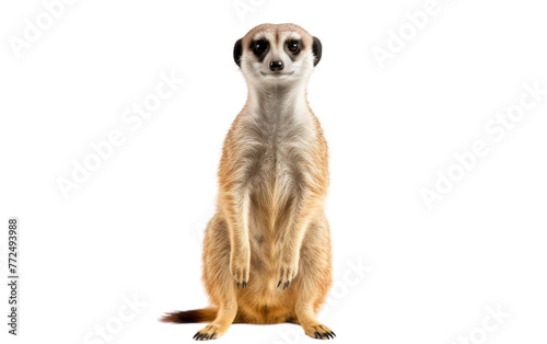 A meerkat stands tall on a white background, keeping watch with alert eyes