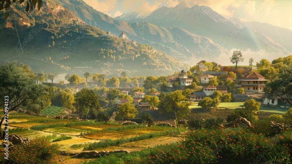 A picturesque village nestled in a valley with majestic mountains in the background. Suitable for travel and nature themes