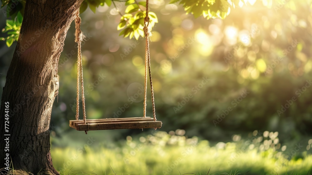 A wooden swing hanging from a tree in a park. Suitable for outdoor recreation concept - obrazy, fototapety, plakaty 