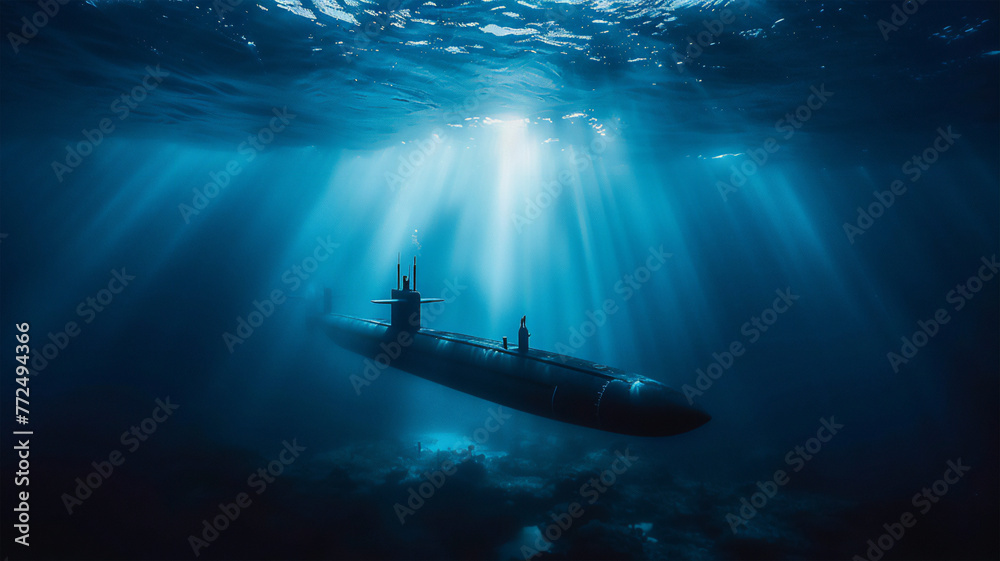 Fototapeta premium A combat submarine plunges into the ocean depths on a military mission, a play of light underwater. 