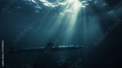 A combat submarine plunges into the ocean depths on a military mission, a play of light underwater.  photo