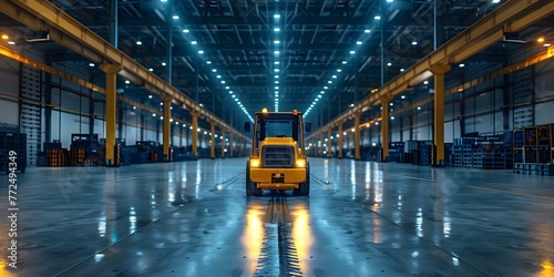 Forklift in vehicle parts warehouse. Concept Vehicle Parts Warehouse, Forklift Operations, Inventory Management, Warehouse Logistics, Industrial Equipment Tracking