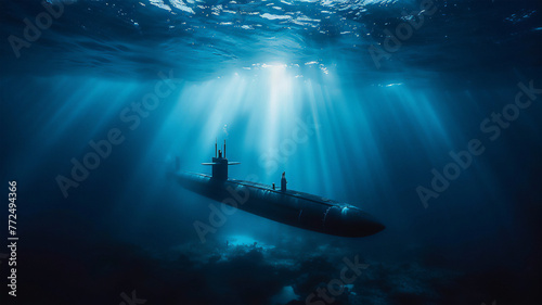 A combat submarine plunges into the ocean depths on a military mission, a play of light underwater.  © Yuriy Maslov