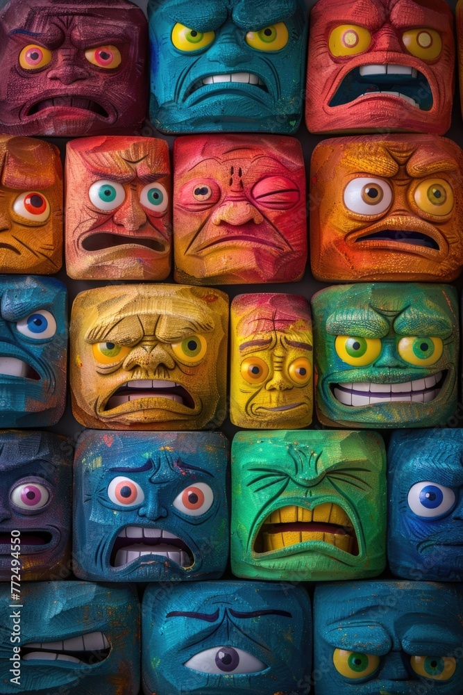 A variety of colorful faces displayed on a wall. Ideal for interior design projects A variety of colorful faces displayed on a wall. Ideal for interior design projects