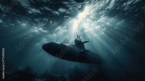A combat submarine plunges into the ocean depths on a military mission, a play of light underwater.  photo