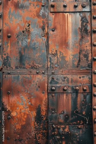 A weathered metal door with rivets, suitable for industrial concepts