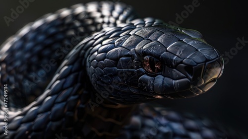 Detailed close up of a black snake's head. Suitable for educational materials
